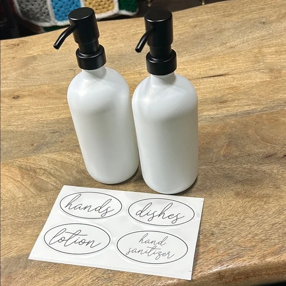 White glass Soap Dispenser Set with Black Pumps and labels - Picture 5 of 16